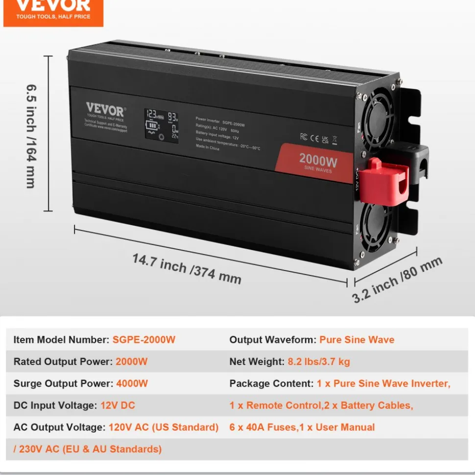 VEVOR Pure Sine Wave Inverter Charger, 5000 Watt, DC 24V to AC 120V Power Inverter with LCD Display, Remote Control, Solar Inverter for Off-Grid Solar RV Boat Home, Compatible with Various Batteries