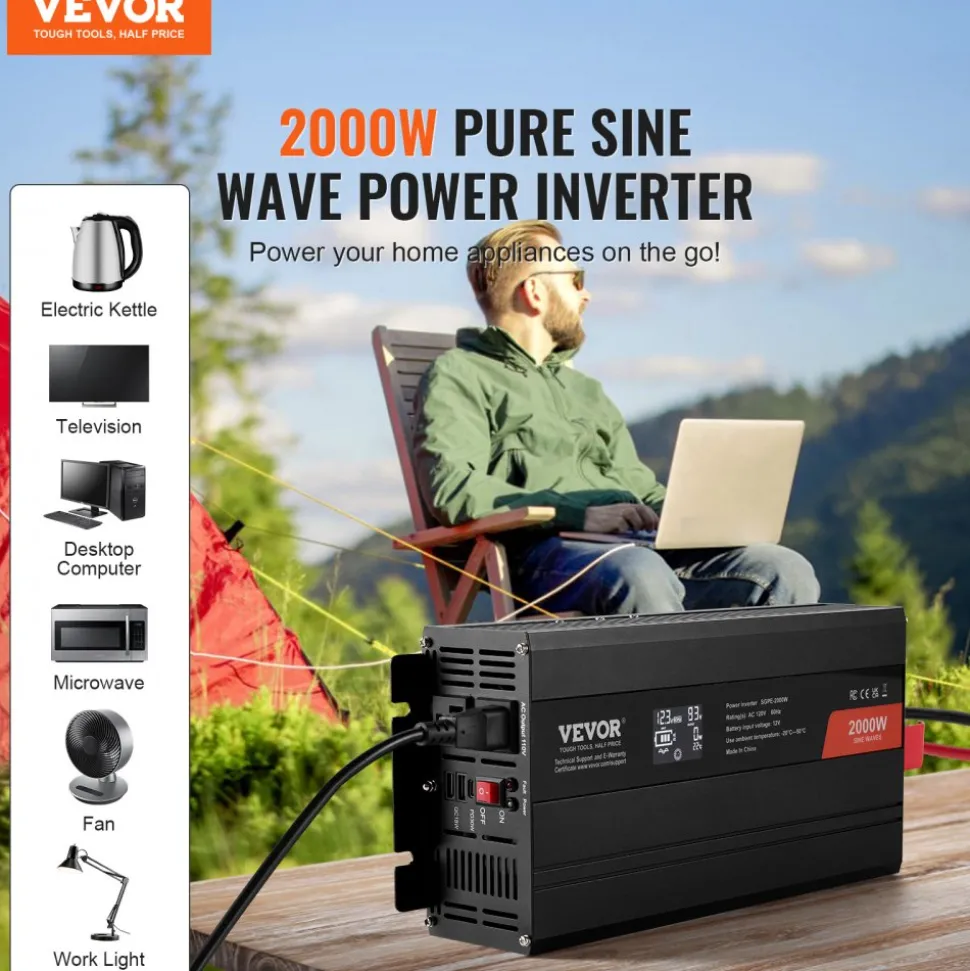 VEVOR Pure Sine Wave Inverter Charger, 5000 Watt, DC 24V to AC 120V Power Inverter with LCD Display, Remote Control, Solar Inverter for Off-Grid Solar RV Boat Home, Compatible with Various Batteries