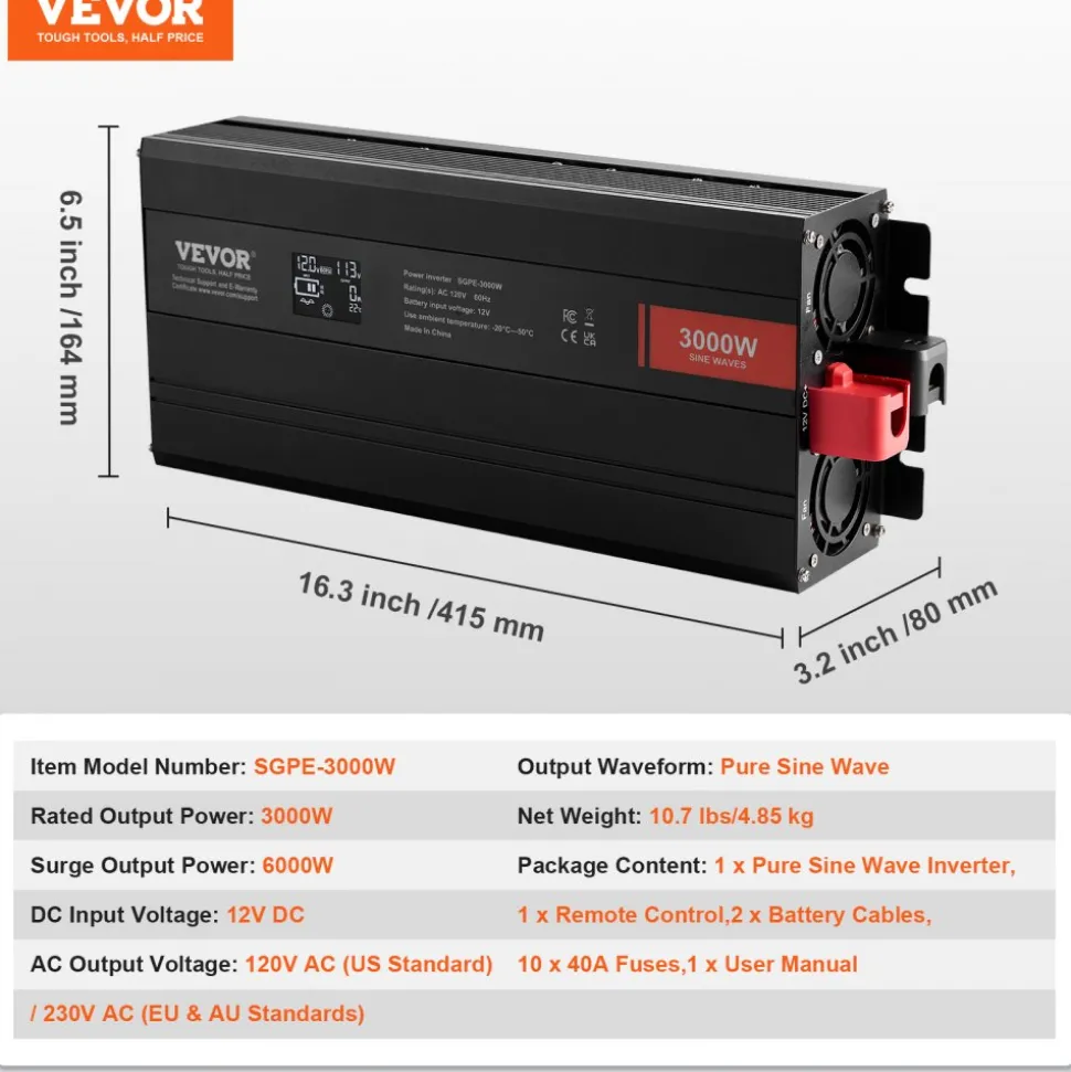 VEVOR Pure Sine Wave Inverter, 3000 Watt, DC 12V to AC 120V Power Inverter with 2 AC Outlets 2 USB Port 1 Type-C Port, LCD Display and Remote Controller for Large Home Appliances, CE FCC Certified