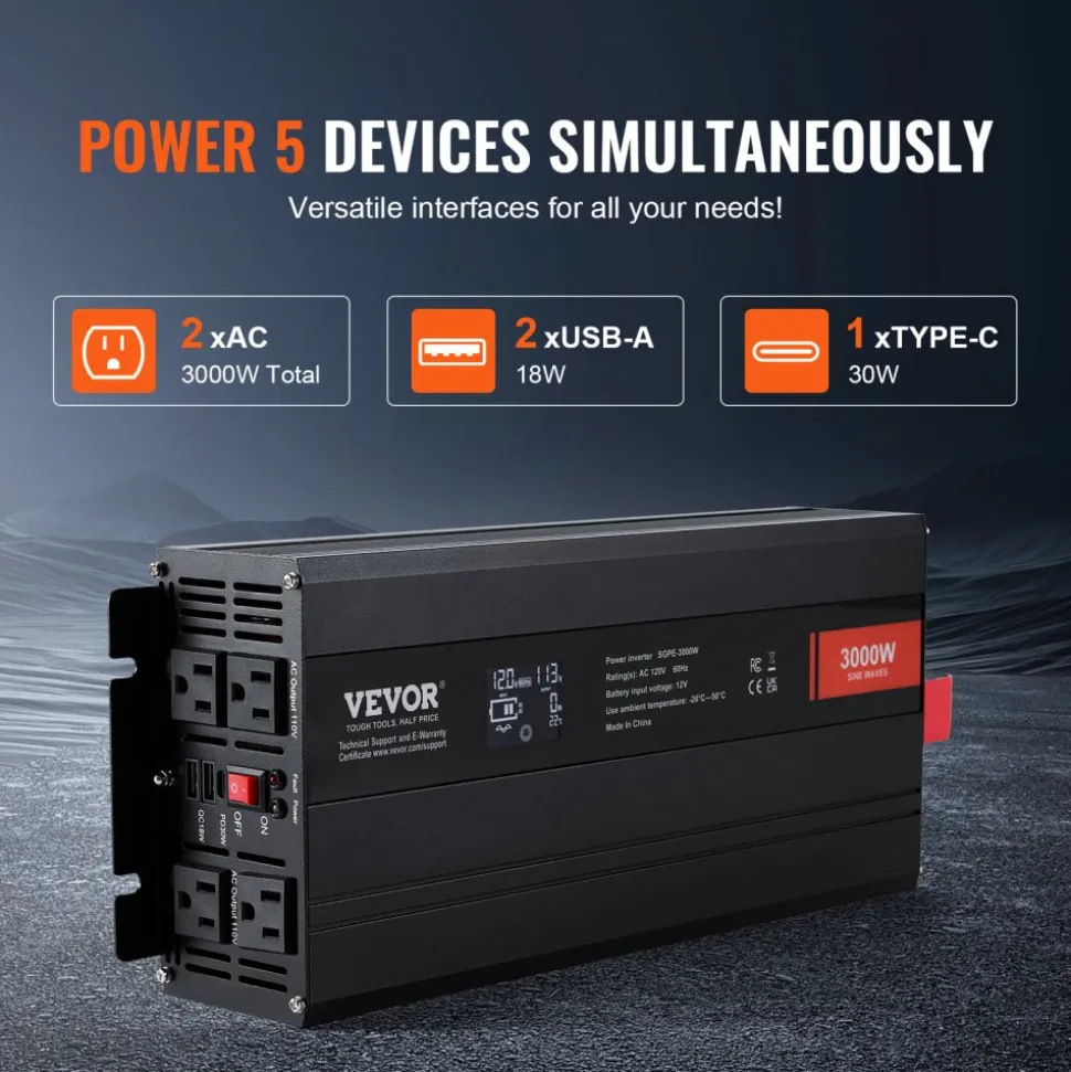 VEVOR Pure Sine Wave Inverter, 3000 Watt, DC 12V to AC 120V Power Inverter with 2 AC Outlets 2 USB Port 1 Type-C Port, LCD Display and Remote Controller for Large Home Appliances, CE FCC Certified