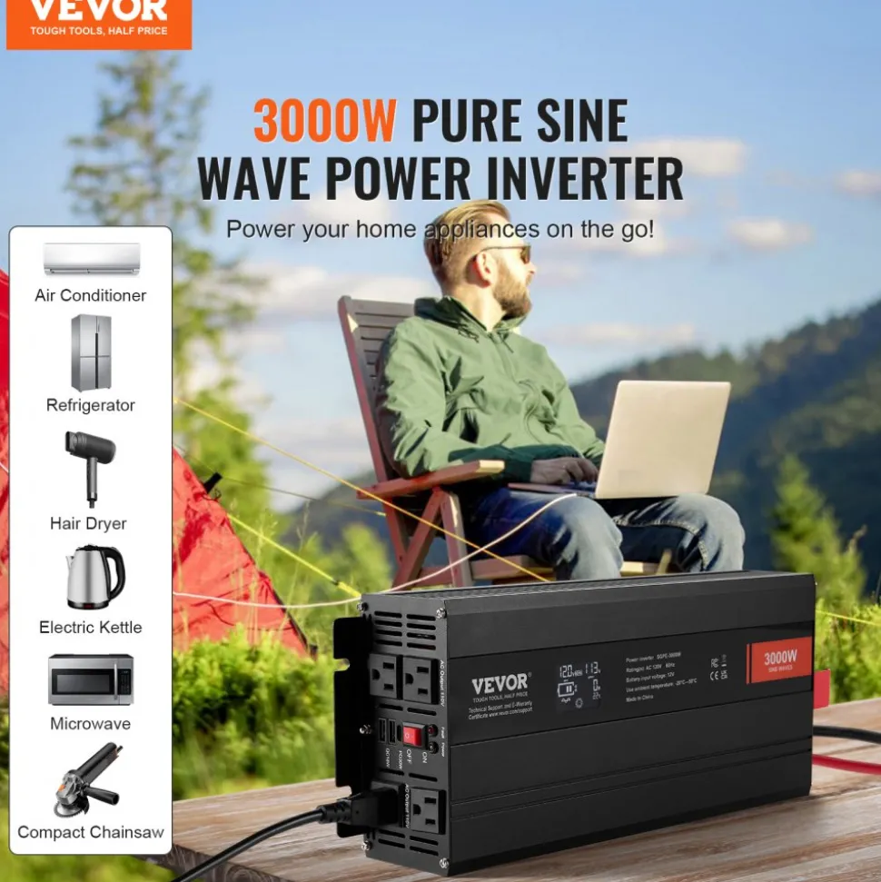 VEVOR Pure Sine Wave Inverter, 3000 Watt, DC 12V to AC 120V Power Inverter with 2 AC Outlets 2 USB Port 1 Type-C Port, LCD Display and Remote Controller for Large Home Appliances, CE FCC Certified
