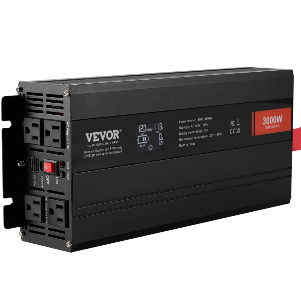 VEVOR Pure Sine Wave Inverter, 3000 Watt, DC 12V to AC 120V Power Inverter with 2 AC Outlets 2 USB Port 1 Type-C Port, LCD Display and Remote Controller for Large Home Appliances, CE FCC Certified