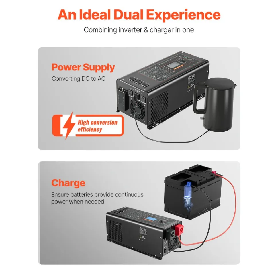 VEVOR Pure Sine Wave Inverter Charger, 3000 Watt, DC 24V to AC 120V Power Inverter with LCD Display, Remote Control, Solar Inverter for Off-Grid Solar RV Boat Home, Compatible with Various Batteries
