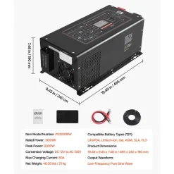 VEVOR Pure Sine Wave Inverter Charger, 3000W, DC 12V to AC 120V Power Inverter with LCD Display, Remote Control, Low Frequency, for RV Camper Home, Compatible with 12V LiFePO4 and Lithium Batteries