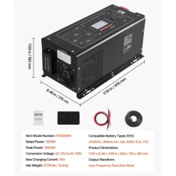 VEVOR Pure Sine Wave Inverter Charger, 1200W, DC 12V to AC 120V Power Inverter with LCD Display, Remote Control, Low Frequency, for RV Camper Home, Compatible with 12V LiFePO4 Lithium Batteries
