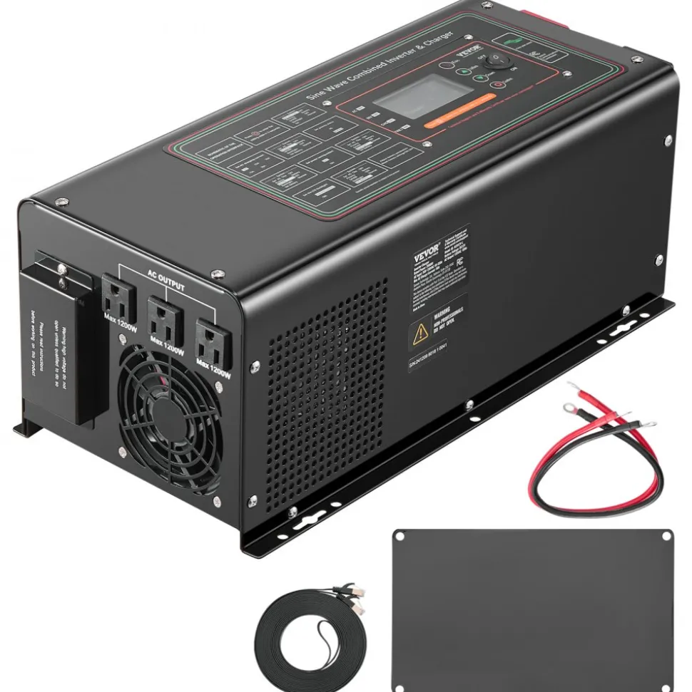 VEVOR Pure Sine Wave Inverter Charger, 2000 Watt, DC 12V to AC 120V Power Inverter with LCD Display, Remote Control, Solar Inverter for Off-Grid Solar RV Boat Home, Compatible with Various Batteries