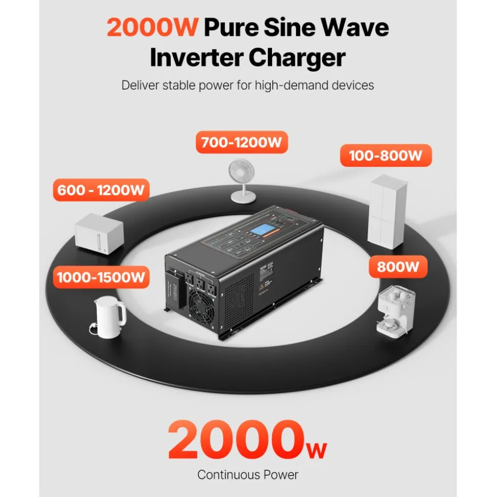 VEVOR Pure Sine Wave Inverter Charger, 2000 Watt, DC 12V to AC 120V Power Inverter with LCD Display, Remote Control, Solar Inverter for Off-Grid Solar RV Boat Home, Compatible with Various Batteries