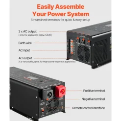 VEVOR Pure Sine Wave Inverter Charger, 2000 Watt, DC 12V to AC 120V Power Inverter with LCD Display, Remote Control, Solar Inverter for Off-Grid Solar RV Boat Home, Compatible with Various Batteries