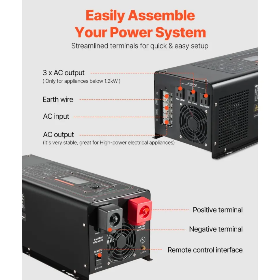 VEVOR Pure Sine Wave Inverter Charger, 2000 Watt, DC 12V to AC 120V Power Inverter with LCD Display, Remote Control, Solar Inverter for Off-Grid Solar RV Boat Home, Compatible with Various Batteries