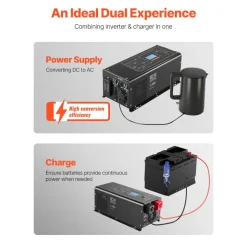 VEVOR Pure Sine Wave Inverter Charger, 2000 Watt, DC 12V to AC 120V Power Inverter with LCD Display, Remote Control, Solar Inverter for Off-Grid Solar RV Boat Home, Compatible with Various Batteries