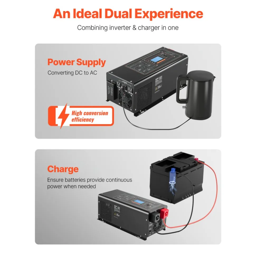 VEVOR Pure Sine Wave Inverter Charger, 2000 Watt, DC 12V to AC 120V Power Inverter with LCD Display, Remote Control, Solar Inverter for Off-Grid Solar RV Boat Home, Compatible with Various Batteries