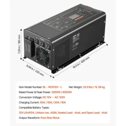 VEVOR Pure Sine Wave Inverter Charger, 2000 Watt, DC 12V to AC 120V Power Inverter with LCD Display, Remote Control, Solar Inverter for Off-Grid Solar RV Boat Home, Compatible with Various Batteries