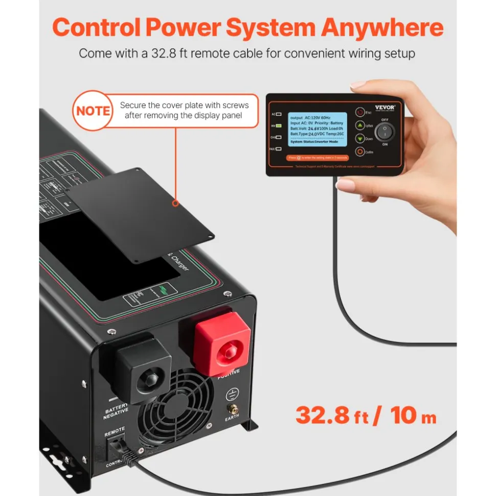 VEVOR Pure Sine Wave Inverter Charger, 2000 Watt, DC 12V to AC 120V Power Inverter with LCD Display, Remote Control, Solar Inverter for Off-Grid Solar RV Boat Home, Compatible with Various Batteries