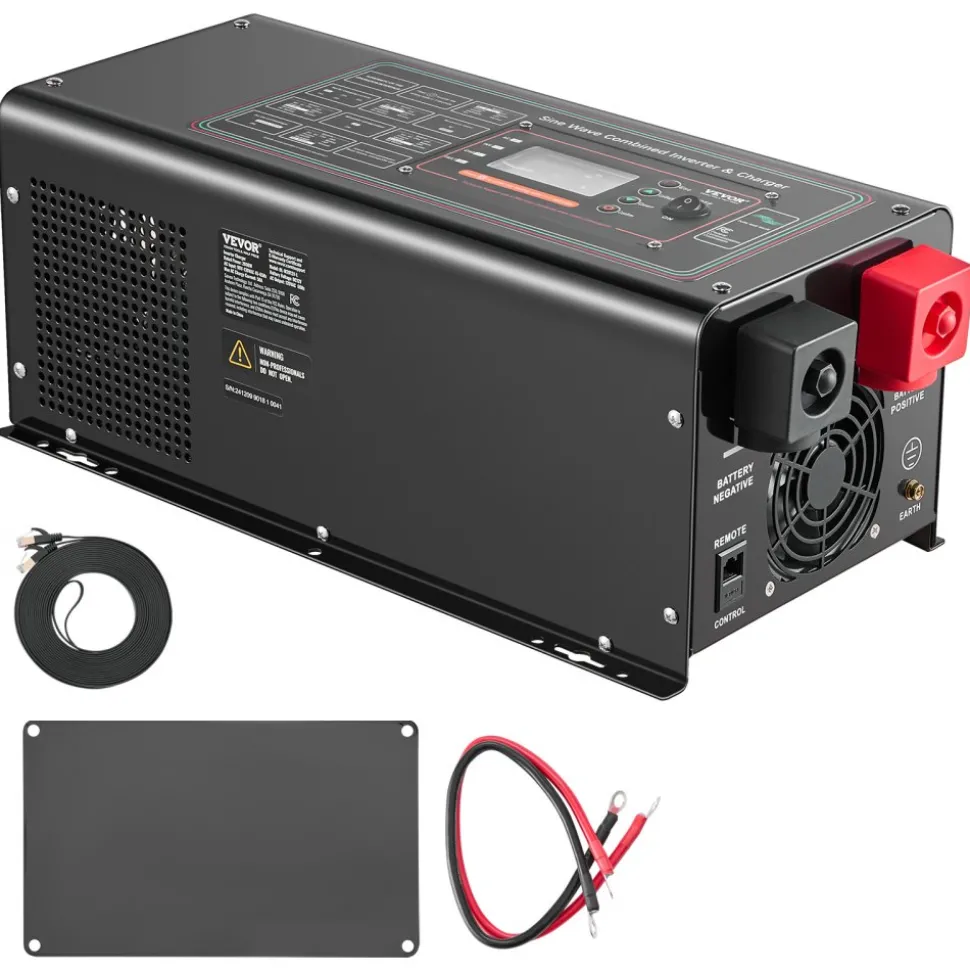 VEVOR Pure Sine Wave Inverter Charger, 2000 Watt, DC 12V to AC 120V Power Inverter with LCD Display, Remote Control, Solar Inverter for Off-Grid Solar RV Boat Home, Compatible with Various Batteries