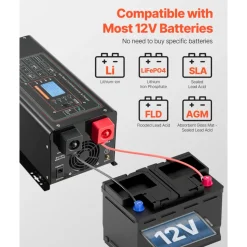 VEVOR Pure Sine Wave Inverter Charger, 2000 Watt, DC 12V to AC 120V Power Inverter with LCD Display, Remote Control, Solar Inverter for Off-Grid Solar RV Boat Home, Compatible with Various Batteries
