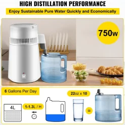 VEVOR Pure Water Distiller 750W, Purifier Filter Fully Upgraded with Handle 1.1 Gal /4L, BPA Free Container, Perfect for Home Use, White