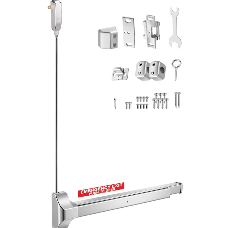 VEVOR Push Bar Panic Exit Device, 28" Stainless Steel Commercial Panic Bar for Exit Doors, Emergency Exit Door Hardware with Vertical Top Rod and Sticker, for 28"-41" Wood or Metal Door, Silver