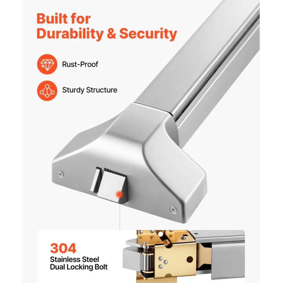 VEVOR Push Bar Panic Exit Device, 41" Stainless Steel Commercial Panic Bar for Exit Doors, Emergency Exit Door Hardware with Exterior Lever Handle and 6 Keys, for 41"-61" Wood or Metal Door, Silver