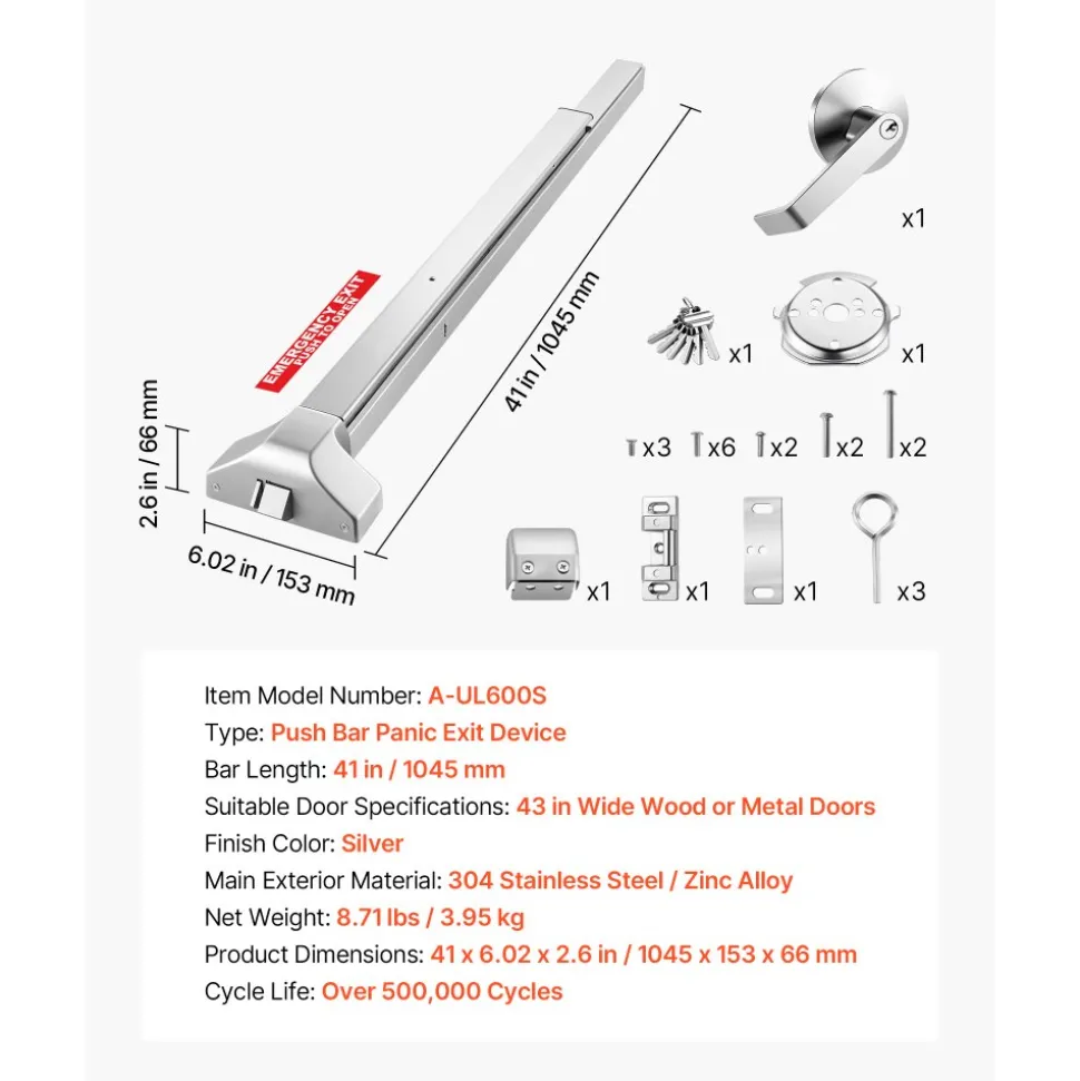 VEVOR Push Bar Panic Exit Device, 41" Stainless Steel Commercial Panic Bar for Exit Doors, Emergency Exit Door Hardware with Exterior Lever Handle and 6 Keys, for 41"-61" Wood or Metal Door, Silver