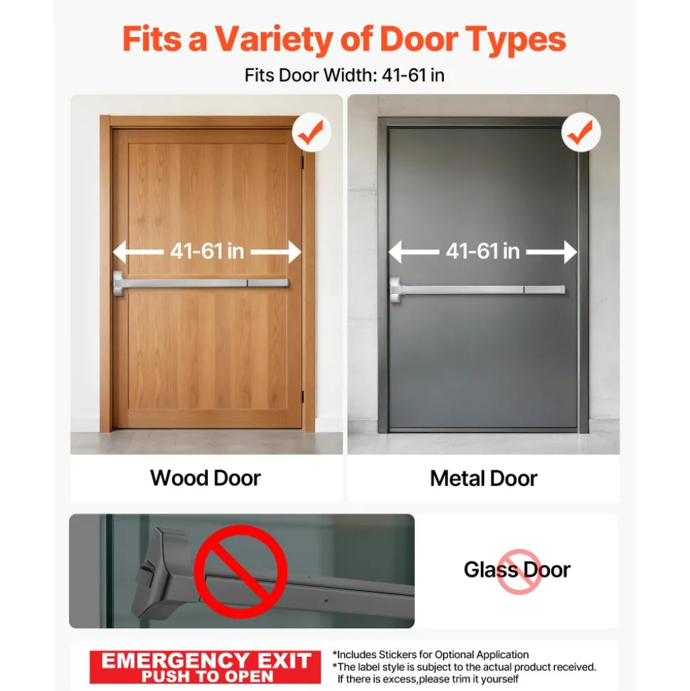 VEVOR Push Bar Panic Exit Device, 41" Stainless Steel Commercial Panic Bar for Exit Doors, Emergency Exit Door Hardware with Exterior Lever Handle and 6 Keys, for 41"-61" Wood or Metal Door, Silver