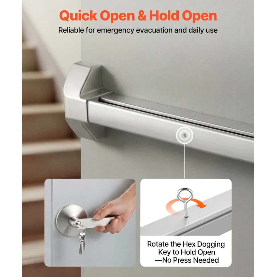 VEVOR Push Bar Panic Exit Device, 41" Stainless Steel Commercial Panic Bar for Exit Doors, Emergency Exit Door Hardware with Exterior Lever Handle and 6 Keys, for 41"-61" Wood or Metal Door, Silver
