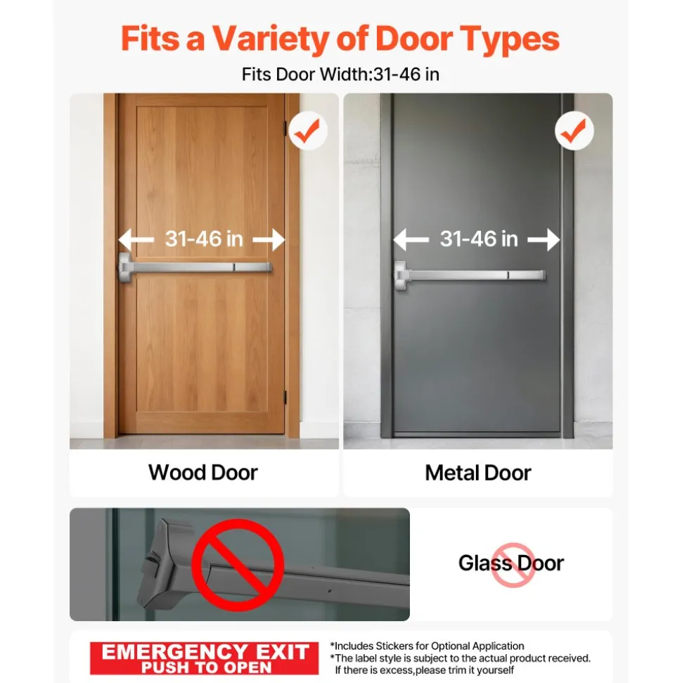 VEVOR Push Bar Panic Exit Device, 31" Stainless Steel Commercial Panic Bar for Exit Doors, Emergency Exit Door Hardware with Dual Locking Bolt and Sticker, for 31"-46" Wood or Metal Door, Silver