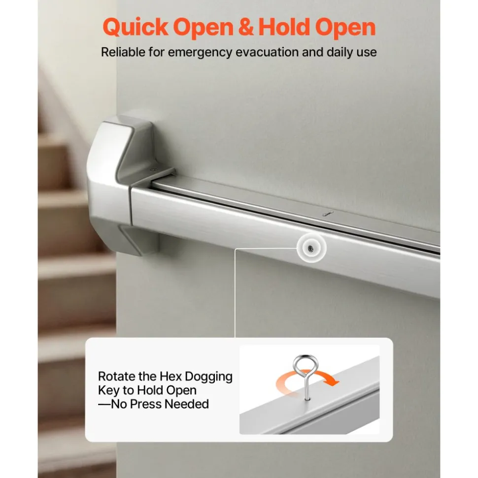 VEVOR Push Bar Panic Exit Device, 31" Stainless Steel Commercial Panic Bar for Exit Doors, Emergency Exit Door Hardware with Dual Locking Bolt and Sticker, for 31"-46" Wood or Metal Door, Silver