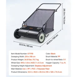VEVOR Push Lawn Sweeper, 26-inch Leaf & Grass Collector, Strong Rubber Wheels & Heavy Duty Thickened Steel, Durable to Use with Large Capacity 7 cu. ft. Mesh Collection Hopper Bag, 4 Spinning Brushes