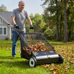VEVOR Push Lawn Sweeper, 26-inch Leaf & Grass Collector, Strong Rubber Wheels & Heavy Duty Thickened Steel, Durable to Use with Large Capacity 7 cu. ft. Mesh Collection Hopper Bag, 4 Spinning Brushes