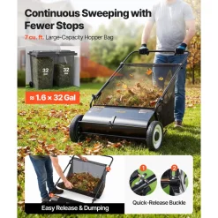 VEVOR Push Lawn Sweeper, 26-inch Leaf & Grass Collector, Strong Rubber Wheels & Heavy Duty Thickened Steel, Durable to Use with Large Capacity 7 cu. ft. Mesh Collection Hopper Bag, 4 Spinning Brushes