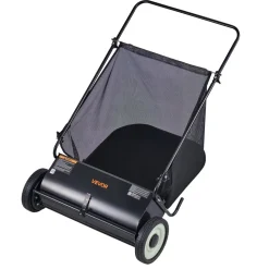 VEVOR Push Lawn Sweeper, 26-inch Leaf & Grass Collector, Strong Rubber Wheels & Heavy Duty Thickened Steel, Durable to Use with Large Capacity 7 cu. ft. Mesh Collection Hopper Bag, 4 Spinning Brushes