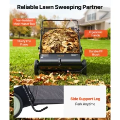 VEVOR Push Lawn Sweeper, 26-inch Leaf & Grass Collector, Strong Rubber Wheels & Heavy Duty Thickened Steel, Durable to Use with Large Capacity 7 cu. ft. Mesh Collection Hopper Bag, 4 Spinning Brushes