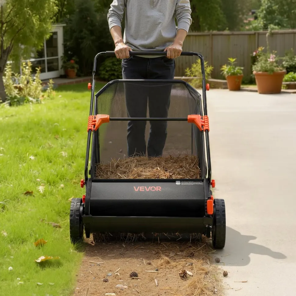 VEVOR Push Lawn Sweeper, 26 in Leaf & Grass Collector with 7 cu. ft. Hopper Bag, Adjustable Brush Height & Spinning Brushes, Heavy Duty Yard Sweeper with Rubber Wheels for Leaves Grass Cleanup