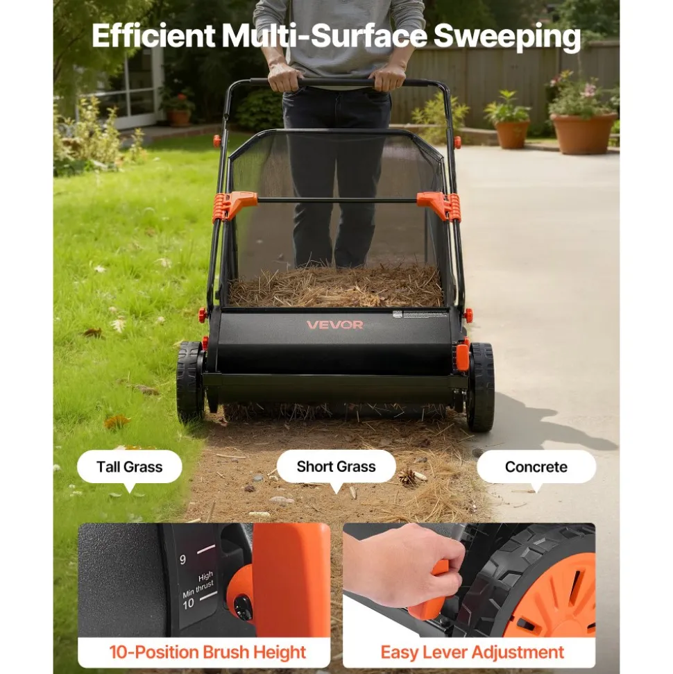 VEVOR Push Lawn Sweeper, 30 in Leaf & Grass Collector with 12 cu. ft. Hopper Bag, Adjustable Brush Height & Spinning Brushes, Heavy Duty Yard Sweeper with Rubber Wheels for Leaves Grass Cleanup