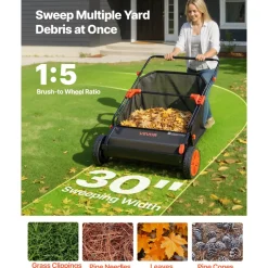 VEVOR Push Lawn Sweeper, 30 in Leaf & Grass Collector with 12 cu. ft. Hopper Bag, Adjustable Brush Height & Spinning Brushes, Heavy Duty Yard Sweeper with Rubber Wheels for Leaves Grass Cleanup