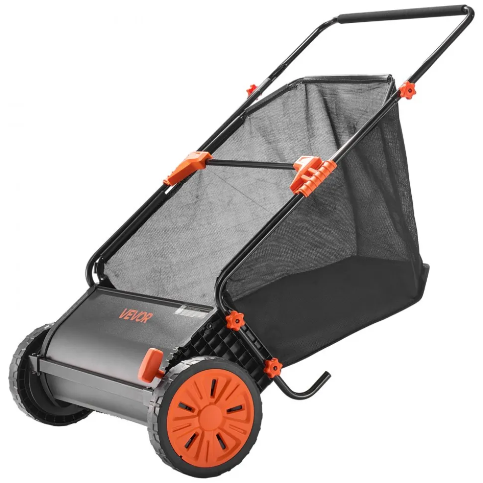 VEVOR Push Lawn Sweeper, 30 in Leaf & Grass Collector with 12 cu. ft. Hopper Bag, Adjustable Brush Height & Spinning Brushes, Heavy Duty Yard Sweeper with Rubber Wheels for Leaves Grass Cleanup