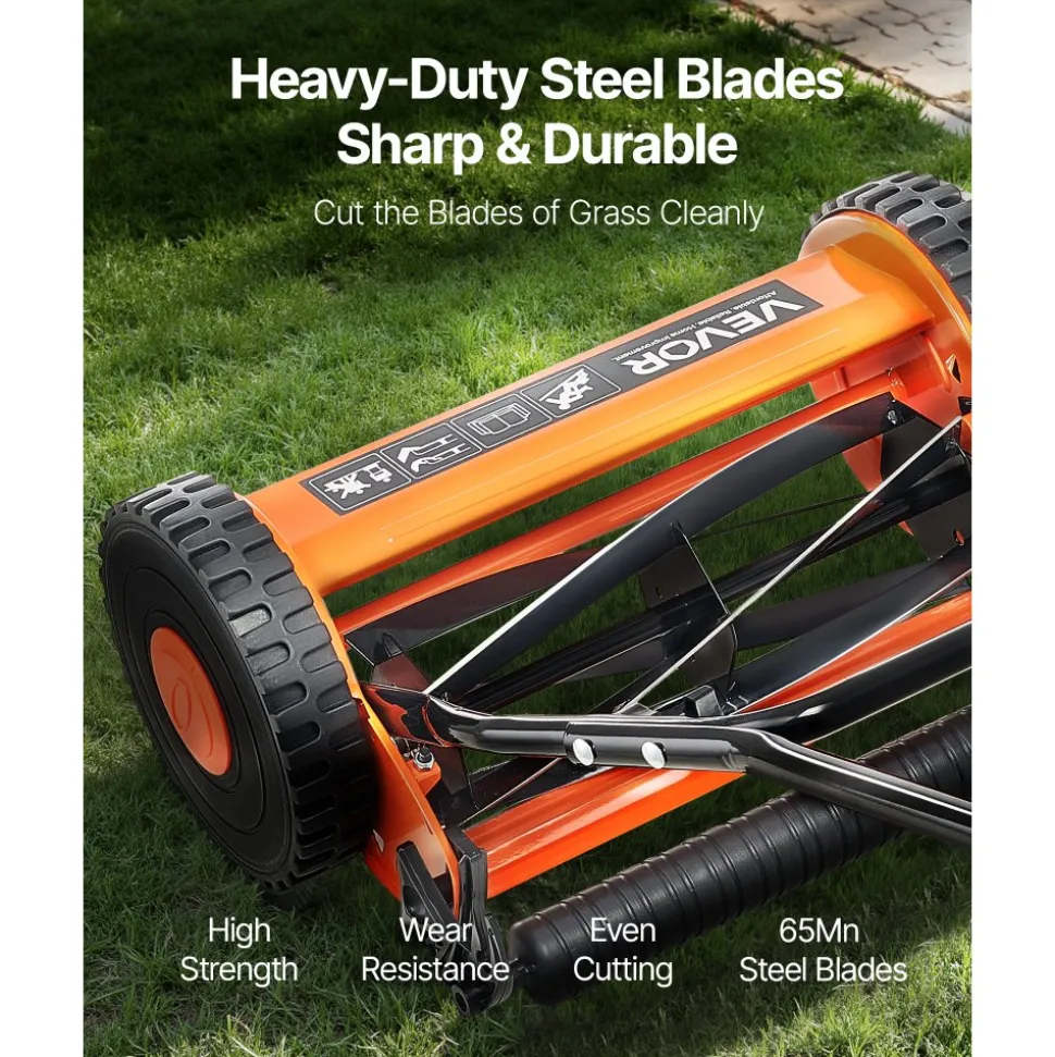 VEVOR Push Reel Lawn Mower 16 inch, 5 Blades Manual Push Mower No Motor, 0.6-1.75 in Adjustable Cutting Height, Walk-Behind Lawn Mowers with Grass Catcher Bag for Green Lawns, Driveways, Courtyards
