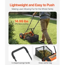 VEVOR Push Reel Lawn Mower 16 inch, 5 Blades Manual Push Mower No Motor, 0.6-1.75 in Adjustable Cutting Height, Walk-Behind Lawn Mowers with Grass Catcher Bag for Green Lawns, Driveways, Courtyards