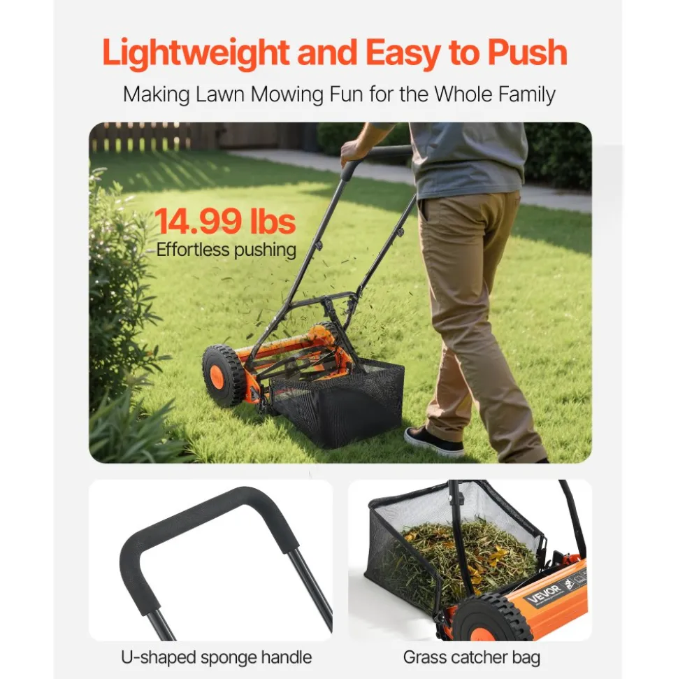 VEVOR Push Reel Lawn Mower 16 inch, 5 Blades Manual Push Mower No Motor, 0.6-1.75 in Adjustable Cutting Height, Walk-Behind Lawn Mowers with Grass Catcher Bag for Green Lawns, Driveways, Courtyards