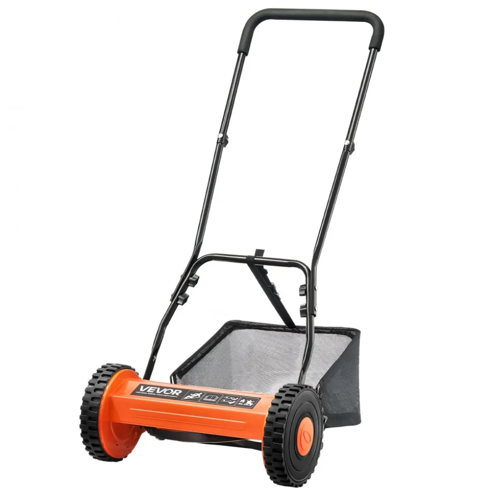 VEVOR Push Reel Lawn Mower 16 inch, 5 Blades Manual Push Mower No Motor, 0.6-1.75 in Adjustable Cutting Height, Walk-Behind Lawn Mowers with Grass Catcher Bag for Green Lawns, Driveways, Courtyards
