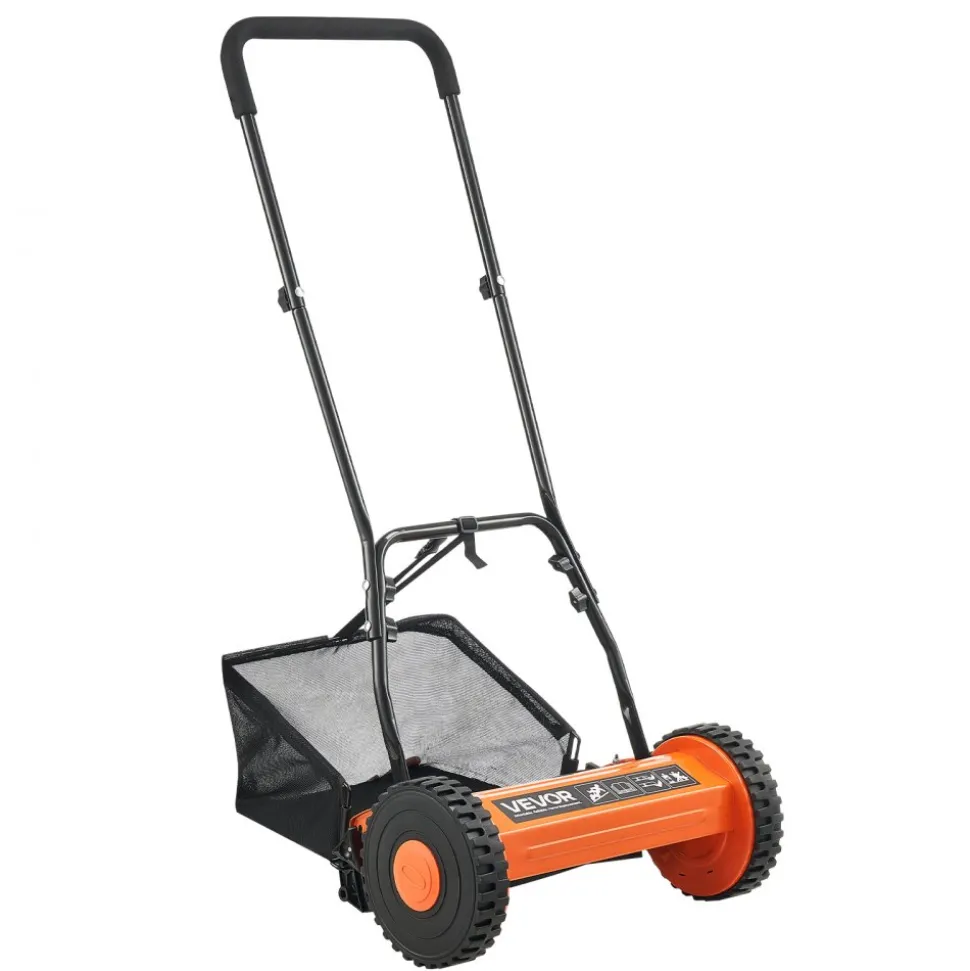 VEVOR Push Reel Lawn Mower 16 inch, 5 Blades Manual Push Mower No Motor, 0.6-1.75 in Adjustable Cutting Height, Walk-Behind Lawn Mowers with Grass Catcher Bag for Green Lawns, Driveways, Courtyards