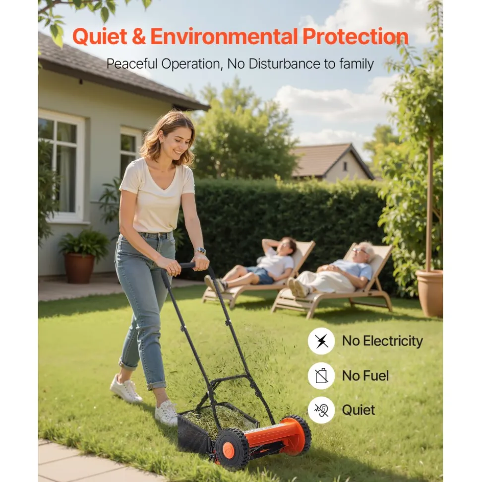 VEVOR Push Reel Lawn Mower 16 inch, 5 Blades Manual Push Mower No Motor, 0.6-1.75 in Adjustable Cutting Height, Walk-Behind Lawn Mowers with Grass Catcher Bag for Green Lawns, Driveways, Courtyards