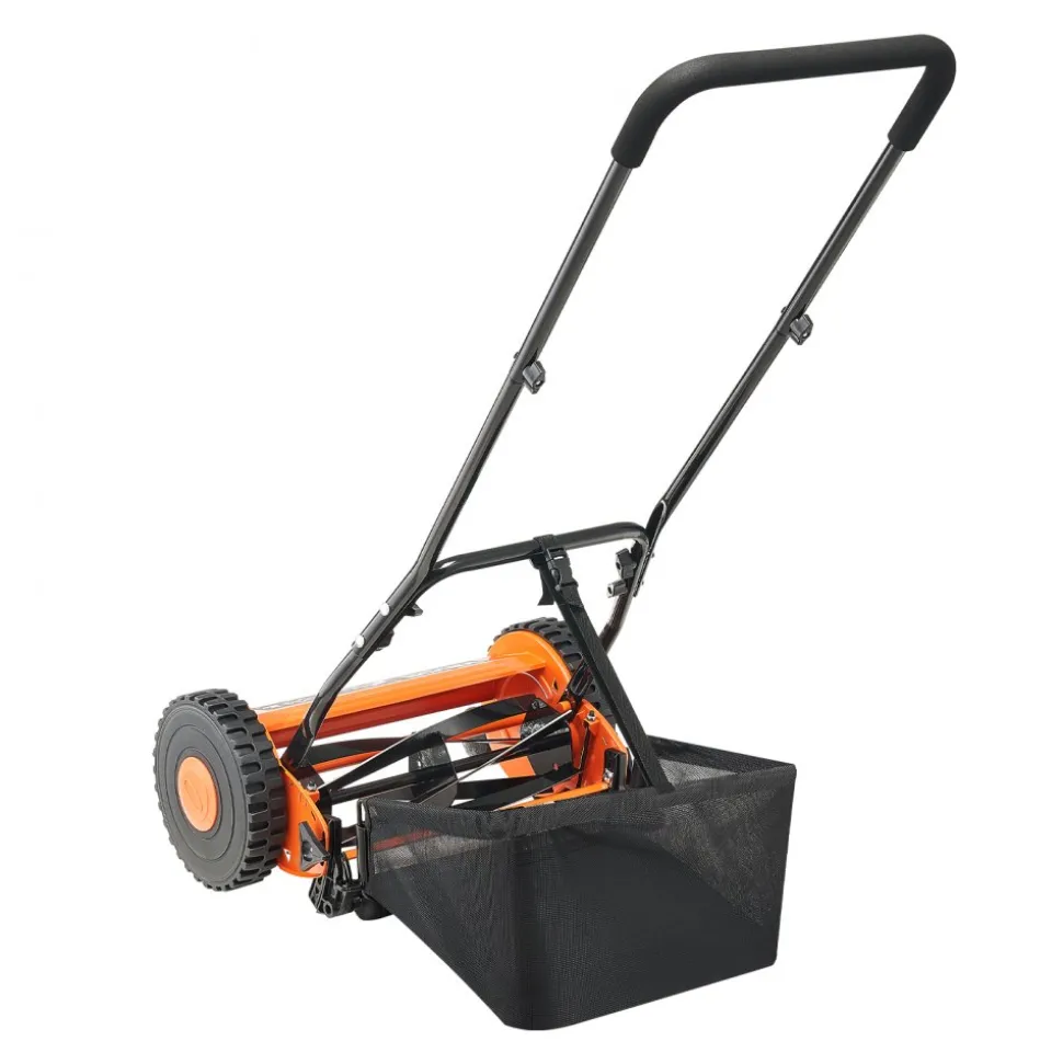 VEVOR Push Reel Lawn Mower 16 inch, 5 Blades Manual Push Mower No Motor, 0.6-1.75 in Adjustable Cutting Height, Walk-Behind Lawn Mowers with Grass Catcher Bag for Green Lawns, Driveways, Courtyards
