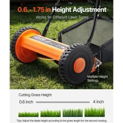VEVOR Push Reel Lawn Mower 16 inch, 5 Blades Manual Push Mower No Motor, 0.6-1.75 in Adjustable Cutting Height, Walk-Behind Lawn Mowers with Grass Catcher Bag for Green Lawns, Driveways, Courtyards