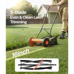 VEVOR Push Reel Lawn Mower 16 inch, 5 Blades Manual Push Mower No Motor, 0.6-1.75 in Adjustable Cutting Height, Walk-Behind Lawn Mowers with Grass Catcher Bag for Green Lawns, Driveways, Courtyards