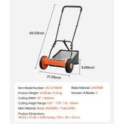 VEVOR Push Reel Lawn Mower 16 inch, 5 Blades Manual Push Mower No Motor, 0.6-1.75 in Adjustable Cutting Height, Walk-Behind Lawn Mowers with Grass Catcher Bag for Green Lawns, Driveways, Courtyards