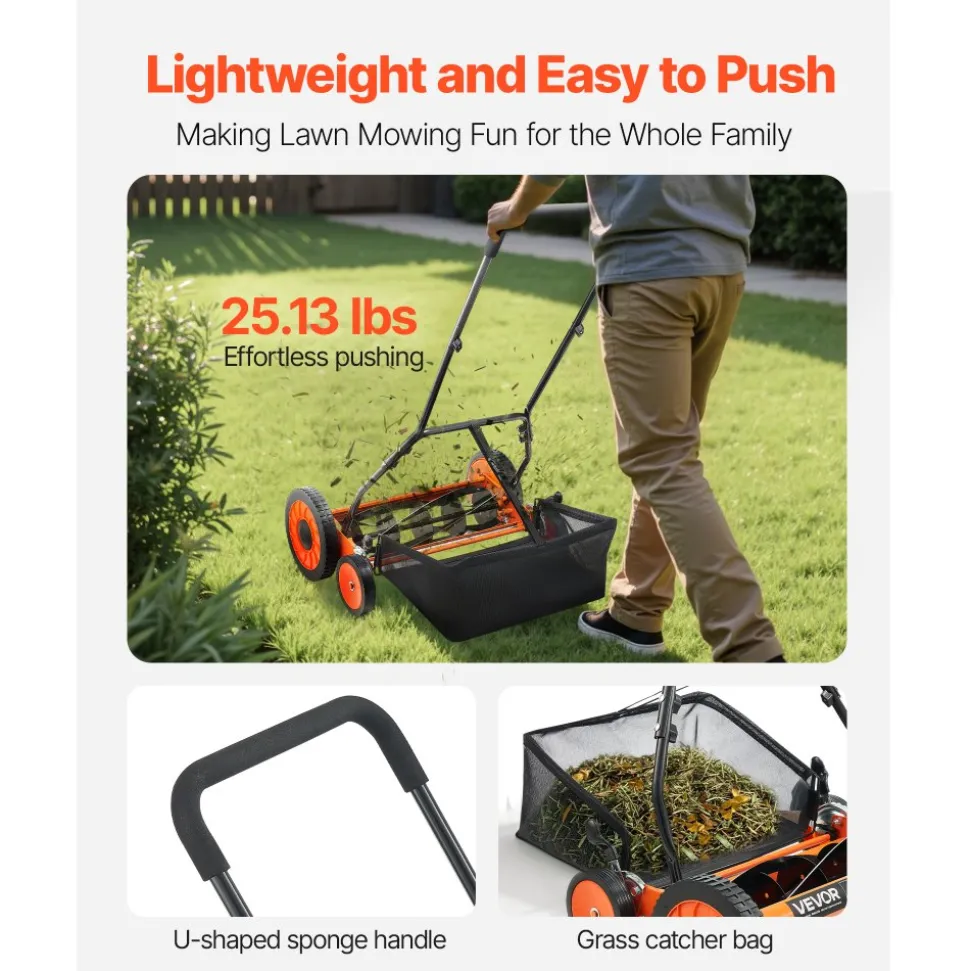 VEVOR Push Reel Lawn Mower 18 inch, 5 Blades Manual Push Mower No Motor, 1.37-2.44 in Adjustable Cutting Height, Walk-Behind Lawn Mowers with Grass Catcher Bag for Green Lawns, Driveways, Courtyards