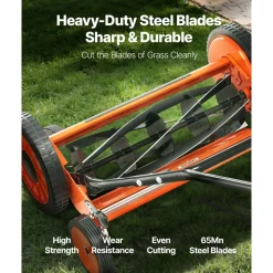 VEVOR Push Reel Lawn Mower 18 inch, 5 Blades Manual Push Mower No Motor, 1.37-2.44 in Adjustable Cutting Height, Walk-Behind Lawn Mowers with Grass Catcher Bag for Green Lawns, Driveways, Courtyards