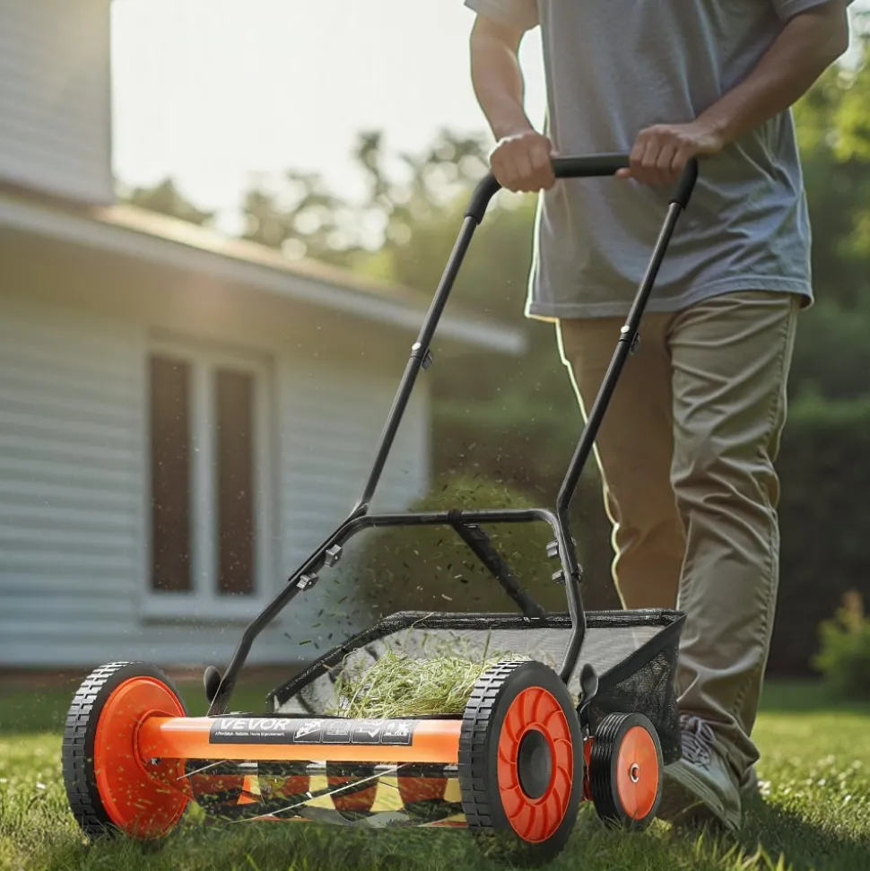 VEVOR Push Reel Lawn Mower 18 inch, 5 Blades Manual Push Mower No Motor, 1.37-2.44 in Adjustable Cutting Height, Walk-Behind Lawn Mowers with Grass Catcher Bag for Green Lawns, Driveways, Courtyards
