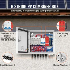 VEVOR PV Combiner Box, 6 String, Solar Combiner Box with 15A Rated Current Fuse 125A Circuit Breaker Lightning Arrester and Solar Connector, Steel Case for On / Off Grid Solar Panel System, IP65